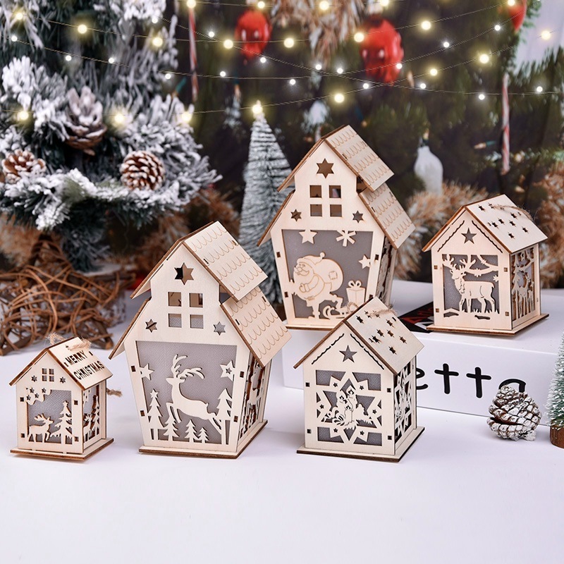 DIY Christmas Gifts Tree Hanging Crafts Glow Luminous Wooden House Ornaments Holiday Lighting Xmas Christmas Decorations