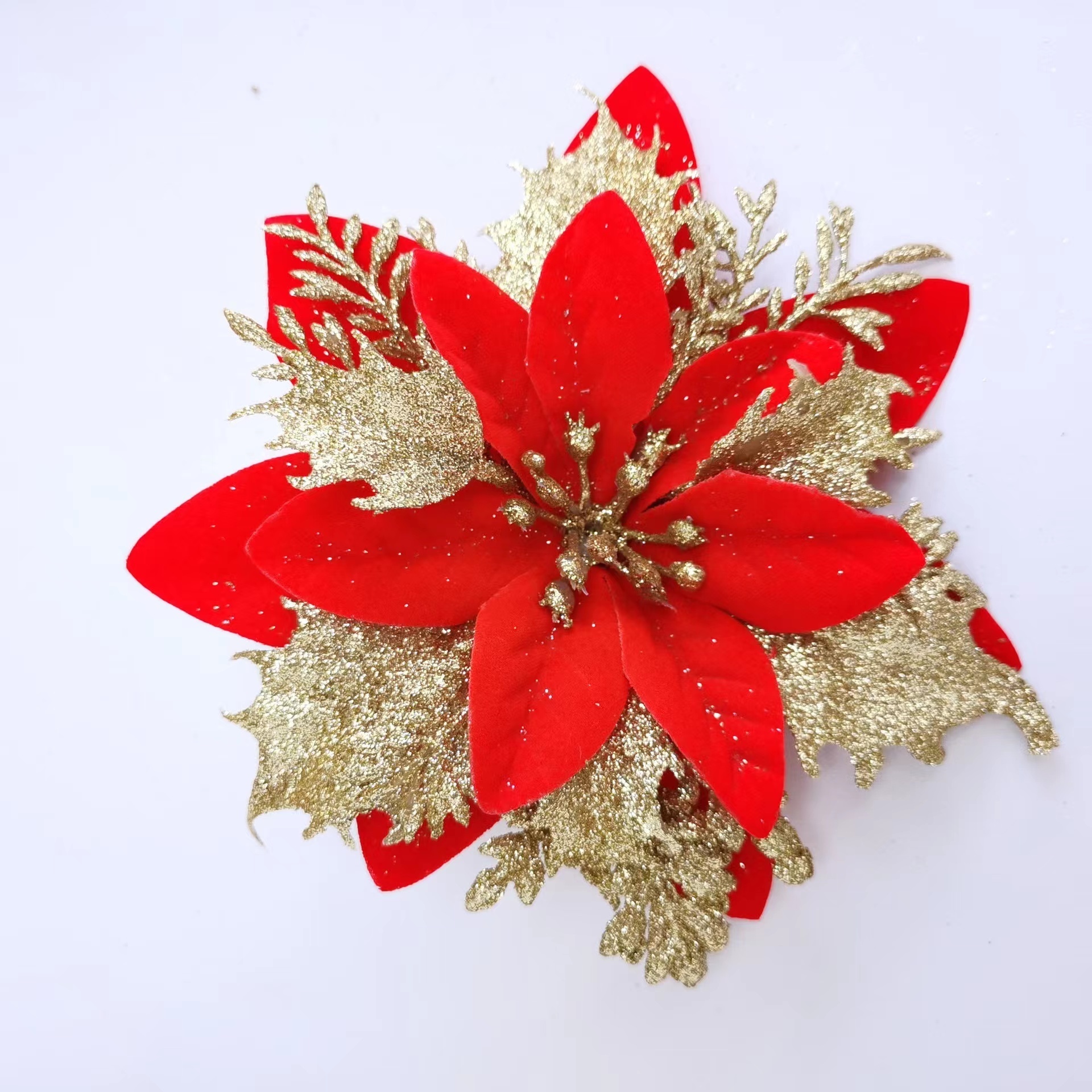 In stock wholesale Christmas decoration glitter flower ornaments for Christmas tree Christmas wreath decoration