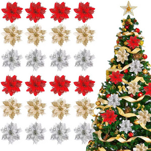 In stock wholesale Christmas decoration glitter flower ornaments for Christmas tree Christmas wreath decoration