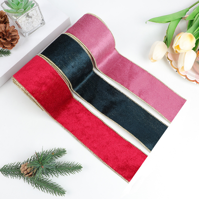 Factory wholesale Christmas Tree velvet solid color Ribbon 6.3cm wired Ribbon For Christmas wreath decoration