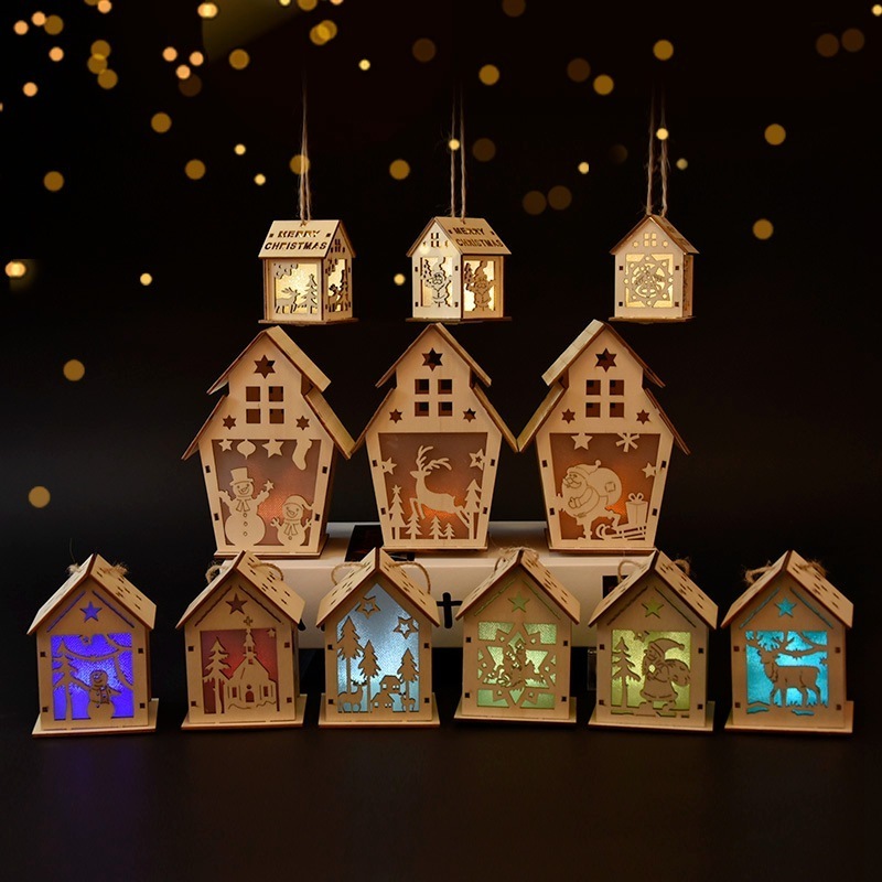 DIY Christmas Gifts Tree Hanging Crafts Glow Luminous Wooden House Ornaments Holiday Lighting Xmas Christmas Decorations