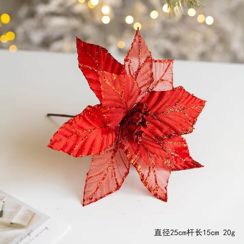 Hot Sale Christmas Decoration Flowers 25cm Red Gold Flannel Mesh Flowers For Wreath Christmas Tree Decoration