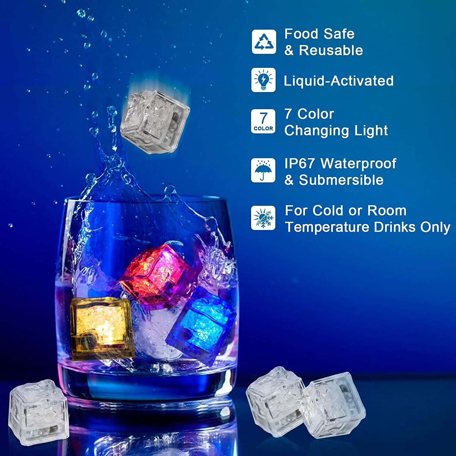 Waterproof Led Ice Cube Multi Color Flashing Glow in The Dark LED Light Up Ice Cube for Bar Club Drinking Party Wine Wedding Dec