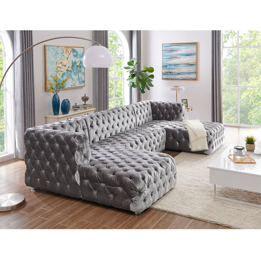 American style  sofa set velvet thick fabric button tufted u shaped sectional sofa