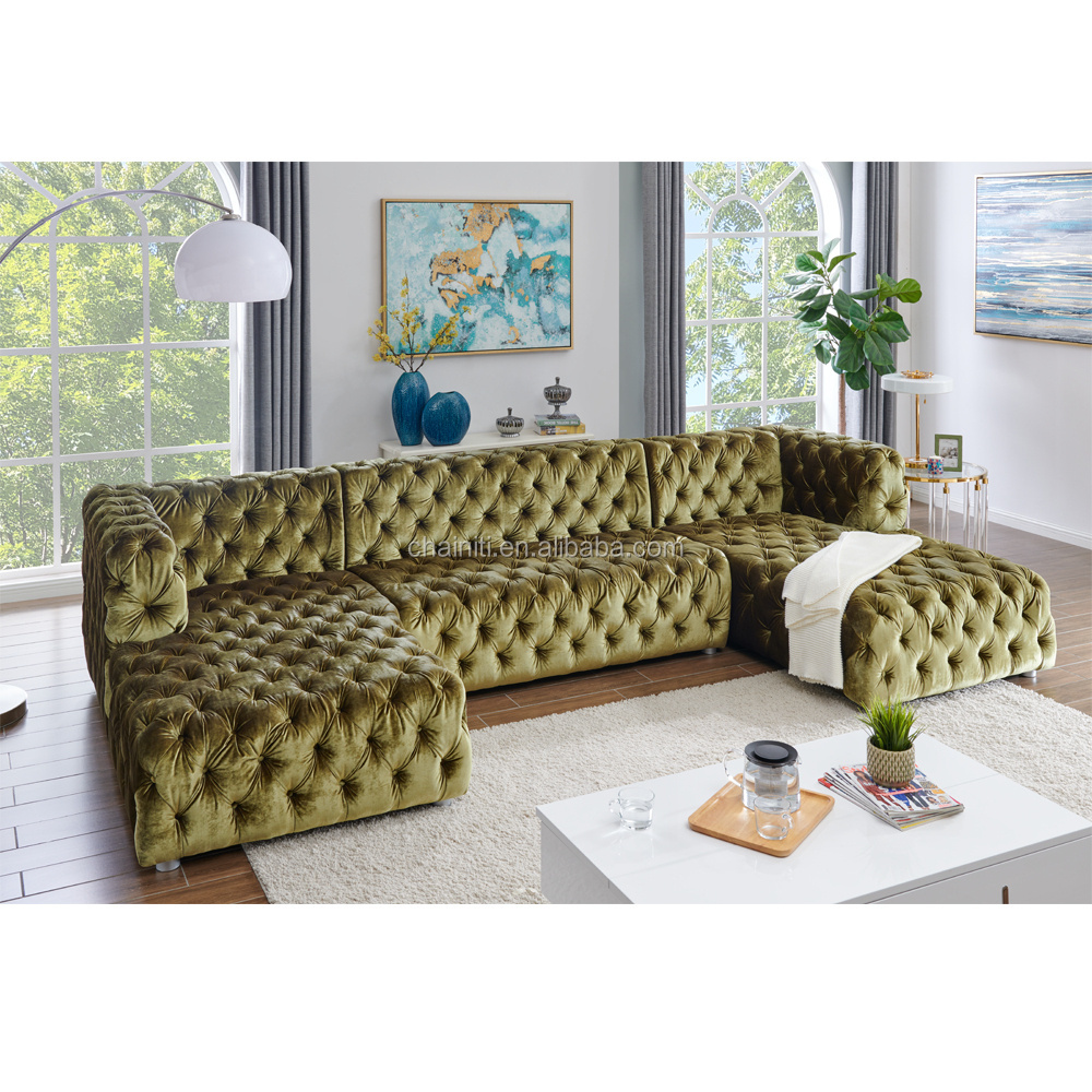 American style  sofa set velvet thick fabric button tufted u shaped sectional sofa