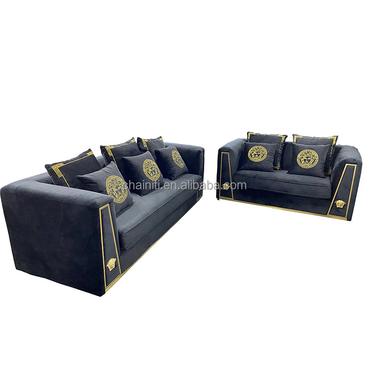 Chainiti Factory Modern Luxury Black Velvet Fabric Sofa With Gold Stainless Steel