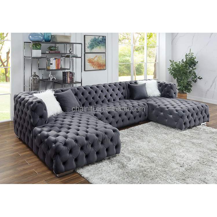 Chainiti Furniture Modern Luxury Living Room Sectional Sofa Velvet Fabric Tufted Sofa Set