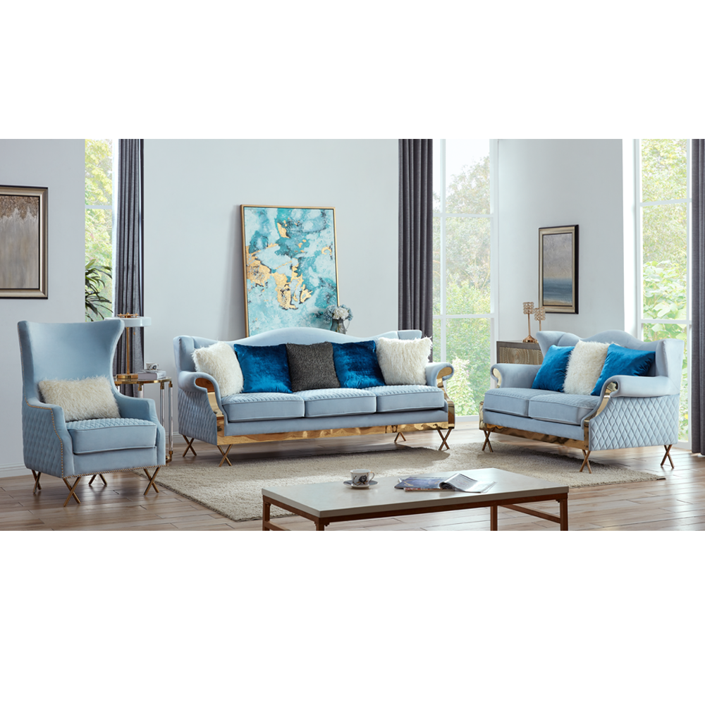 Fabric sofa living room fabric recliner chair living room sofa set with gold leg  blue velvet sofa