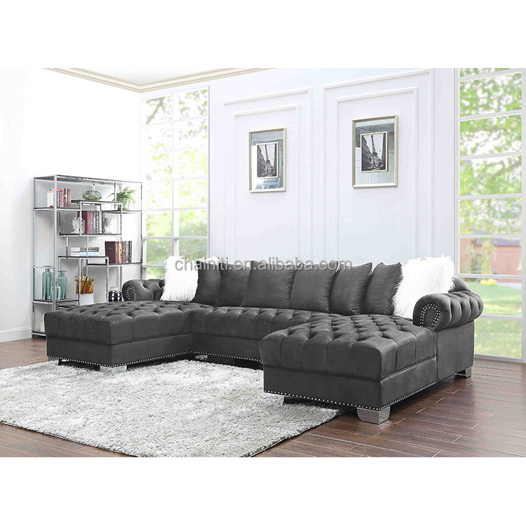 High Quality   Sectional Sofa Set Modern Chesterfield Living Room Velvet Fabric With Double Chaise