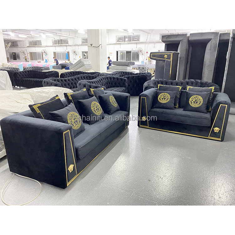 Chainiti Factory Modern Luxury Black Velvet Fabric Sofa With Gold Stainless Steel