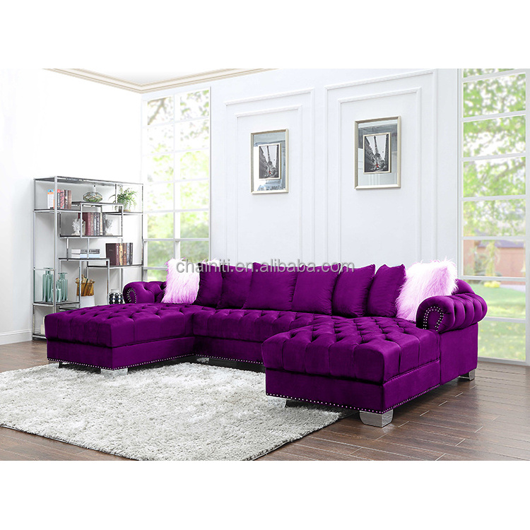 High Quality   Sectional Sofa Set Modern Chesterfield Living Room Velvet Fabric With Double Chaise