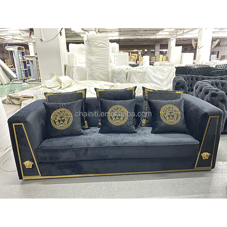 Chainiti Factory Modern Luxury Black Velvet Fabric Sofa With Gold Stainless Steel