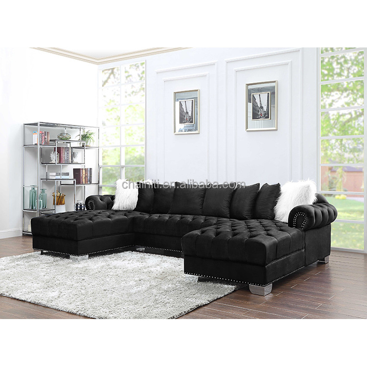 High Quality   Sectional Sofa Set Modern Chesterfield Living Room Velvet Fabric With Double Chaise