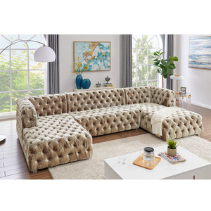 American style  sofa set velvet thick fabric button tufted u shaped sectional sofa