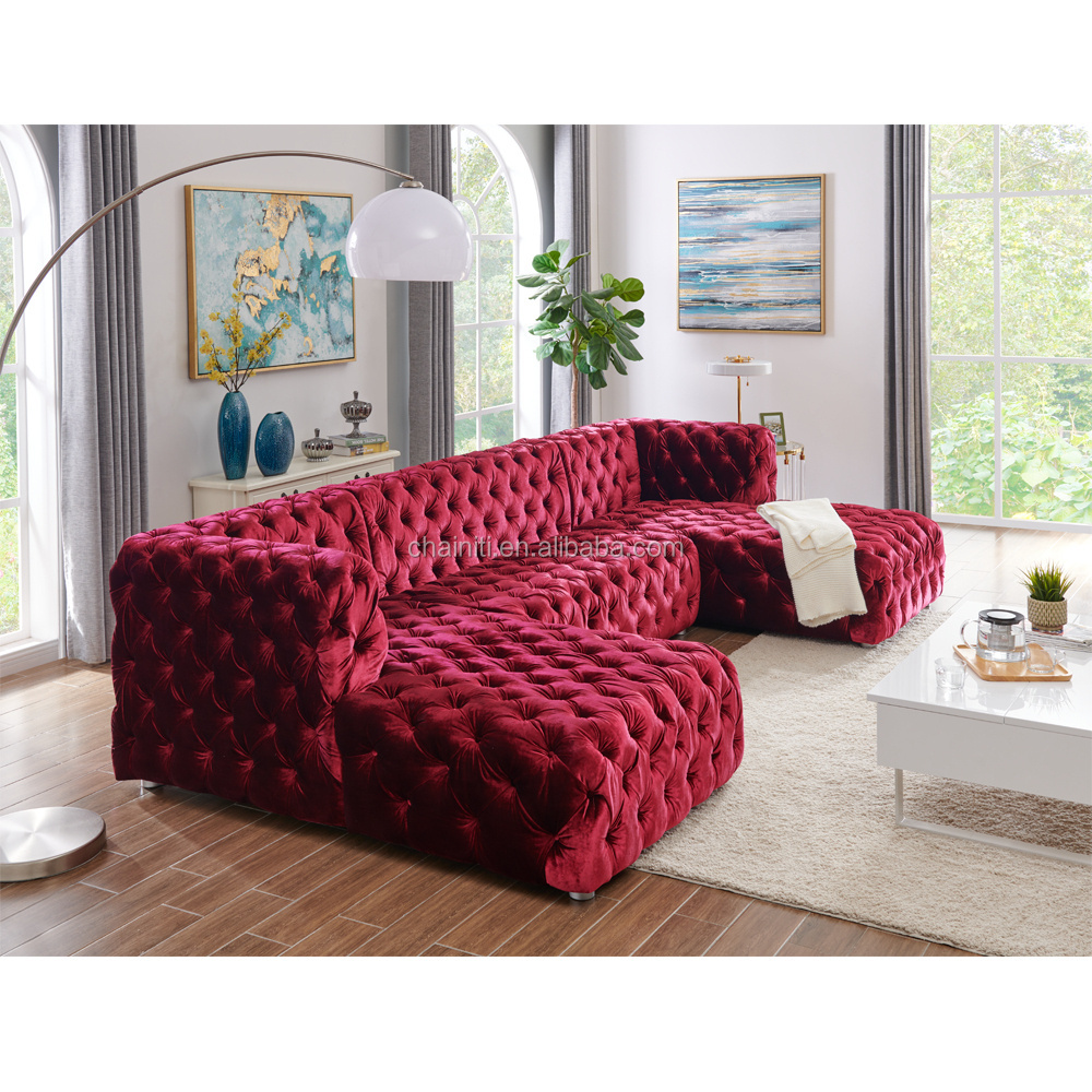 American style  sofa set velvet thick fabric button tufted u shaped sectional sofa