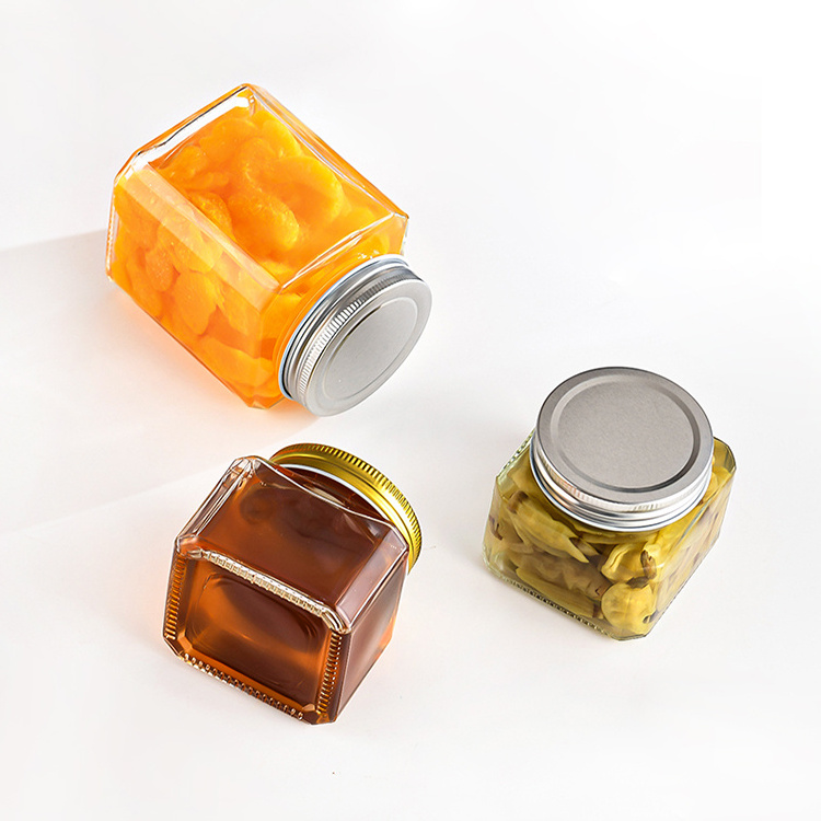 Wholesale 250 380 500 ml Big Wide Mouth Octagonal Glass Honey Food Jam Storage Jar Pickling 16 oz Glass  Jar with Gold Lids