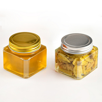 Wholesale 250 380 500 ml Big Wide Mouth Octagonal Glass Honey Food Jam Storage Jar Pickling 16 oz Glass  Jar with Gold Lids