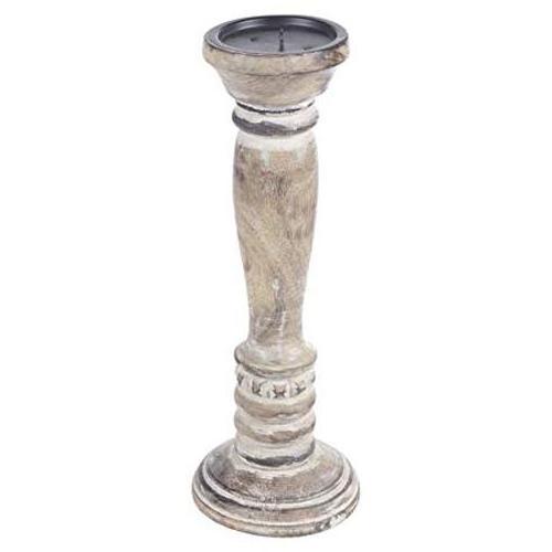 Antique Mango Wood Whitewash Pillar Candle Stand Holder