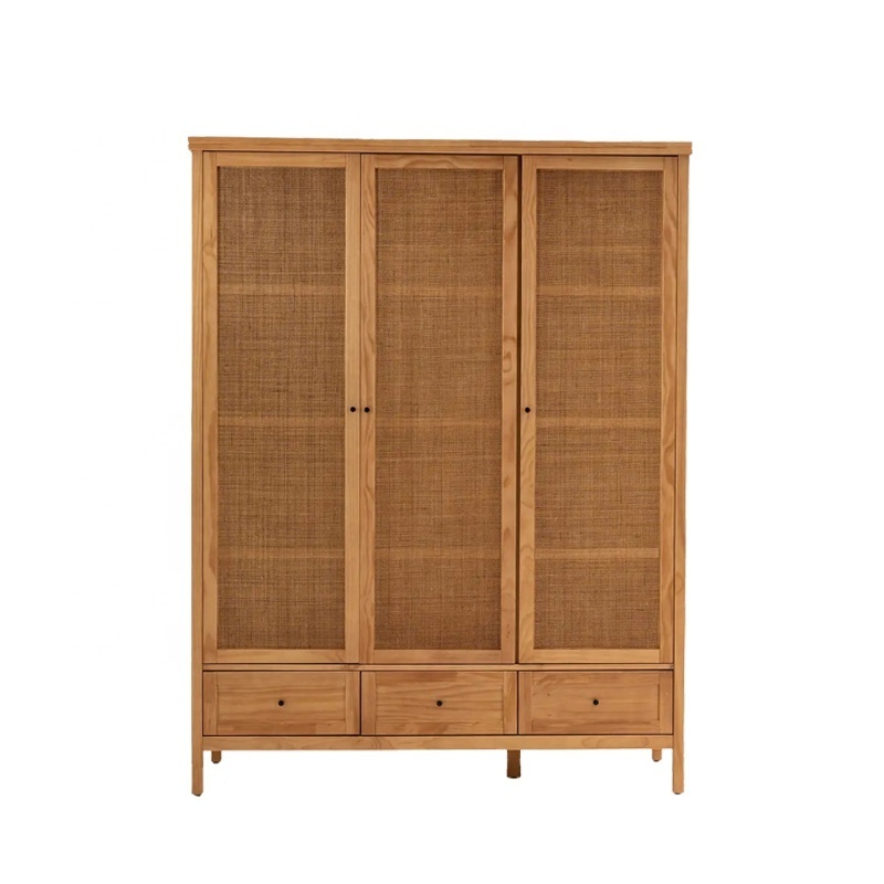 Nordic closet modern rattan wardrobe large storage modular clothes organizer bedroom cane wardrobe cabinet with 3 doors