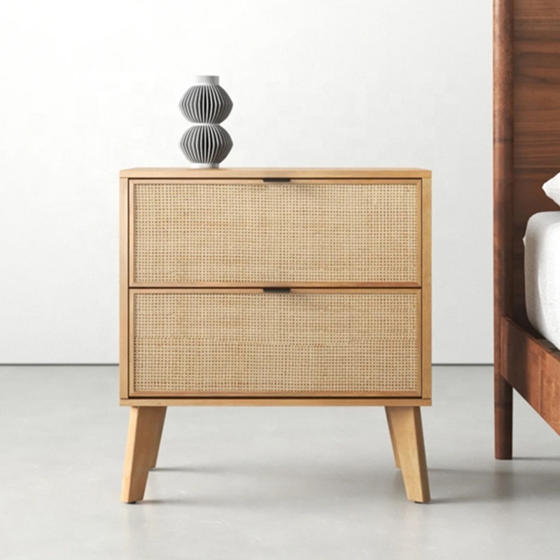 Wabi-sabi bedroom furniture hotel wooden rattan Guangdong furniture bedside cabinet 2 drawer modern nightstands for bedroom