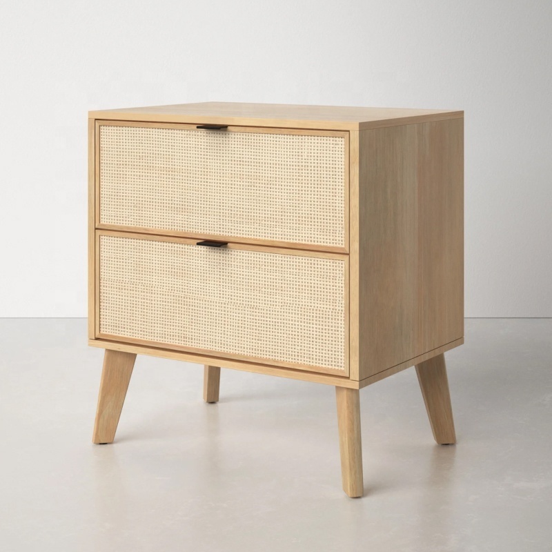 Wabi-sabi bedroom furniture hotel wooden rattan Guangdong furniture bedside cabinet 2 drawer modern nightstands for bedroom