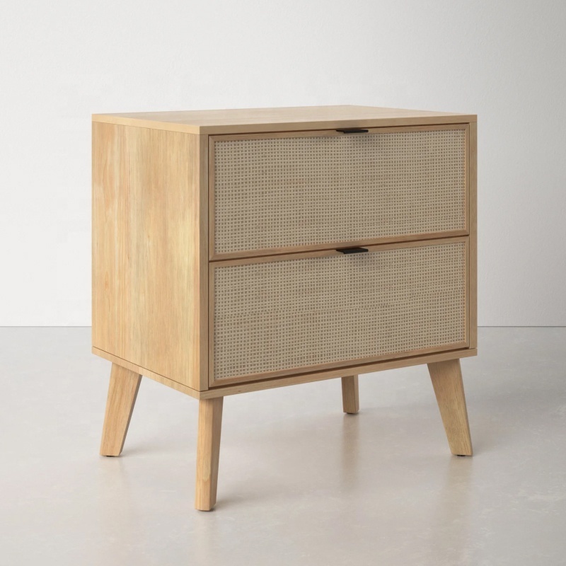 Wabi-sabi bedroom furniture hotel wooden rattan Guangdong furniture bedside cabinet 2 drawer modern nightstands for bedroom