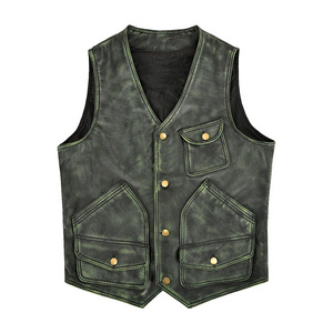 V neckline hunter shooter style vest Jacket Wind Proof Motorbike Leather Vest OEM ODM Leather Casual Vest Men printed lining