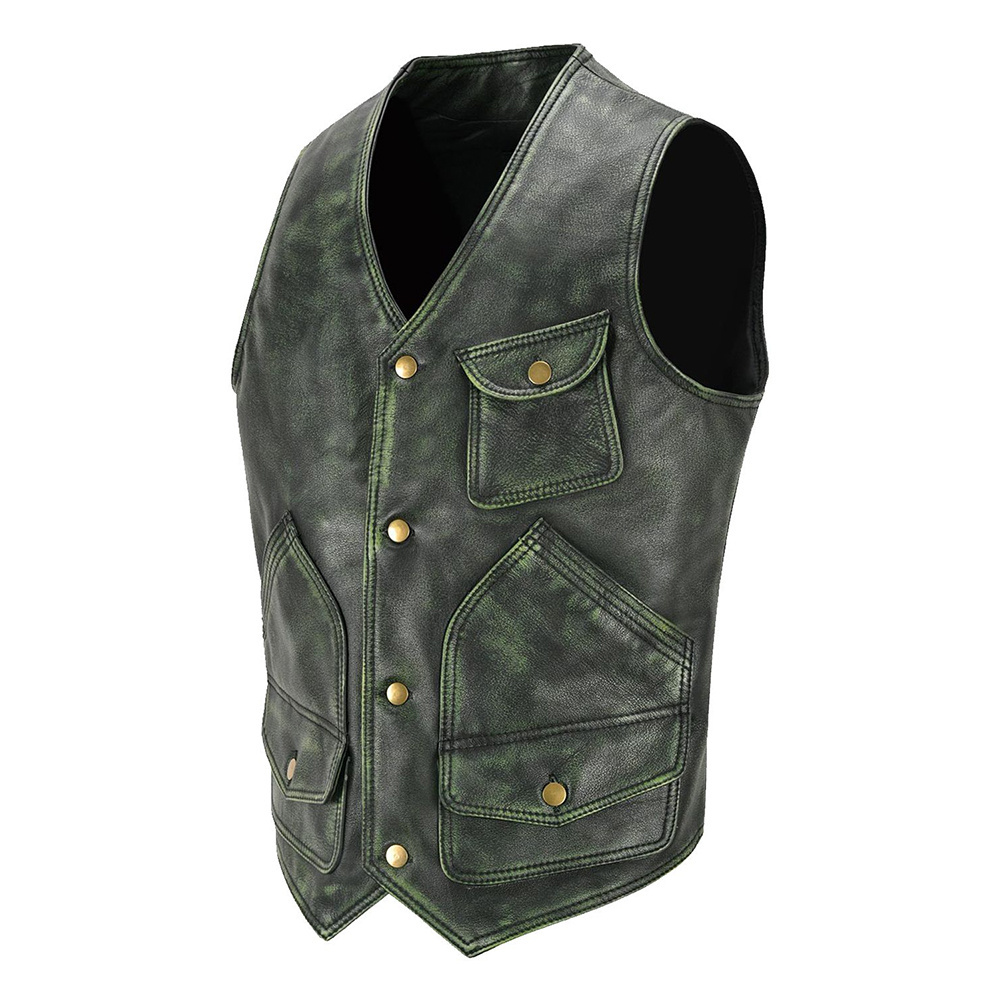 V neckline hunter shooter style vest Jacket Wind Proof Motorbike Leather Vest OEM ODM Leather Casual Vest Men printed lining