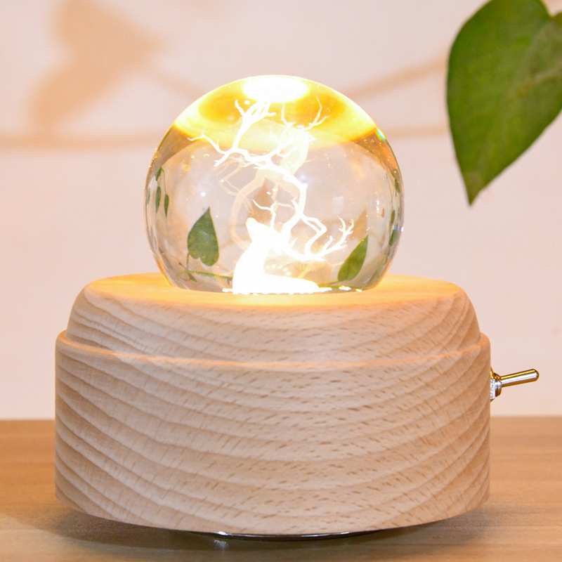 Music box   Luminous wooden base    Crafts solid wood luminous     Crystal ball rotating music box