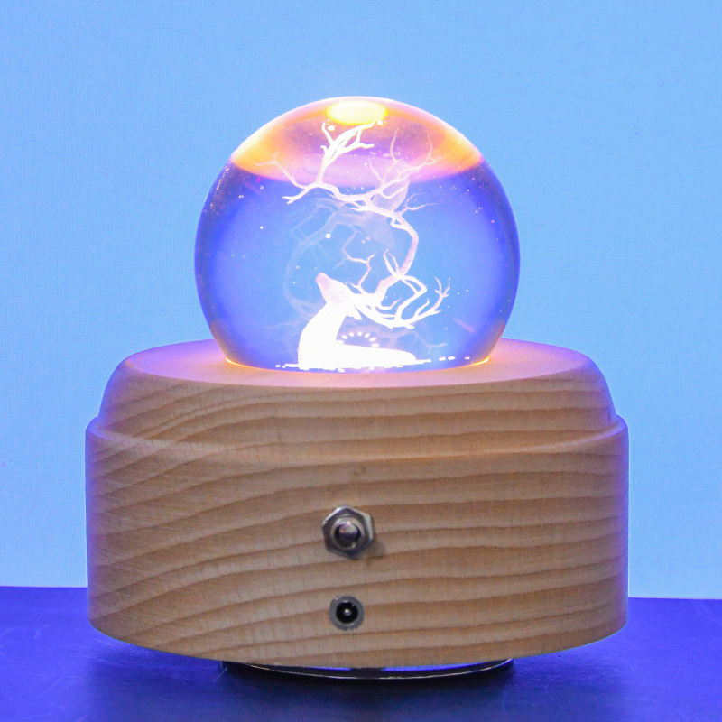 Music box   Luminous wooden base    Crafts solid wood luminous     Crystal ball rotating music box