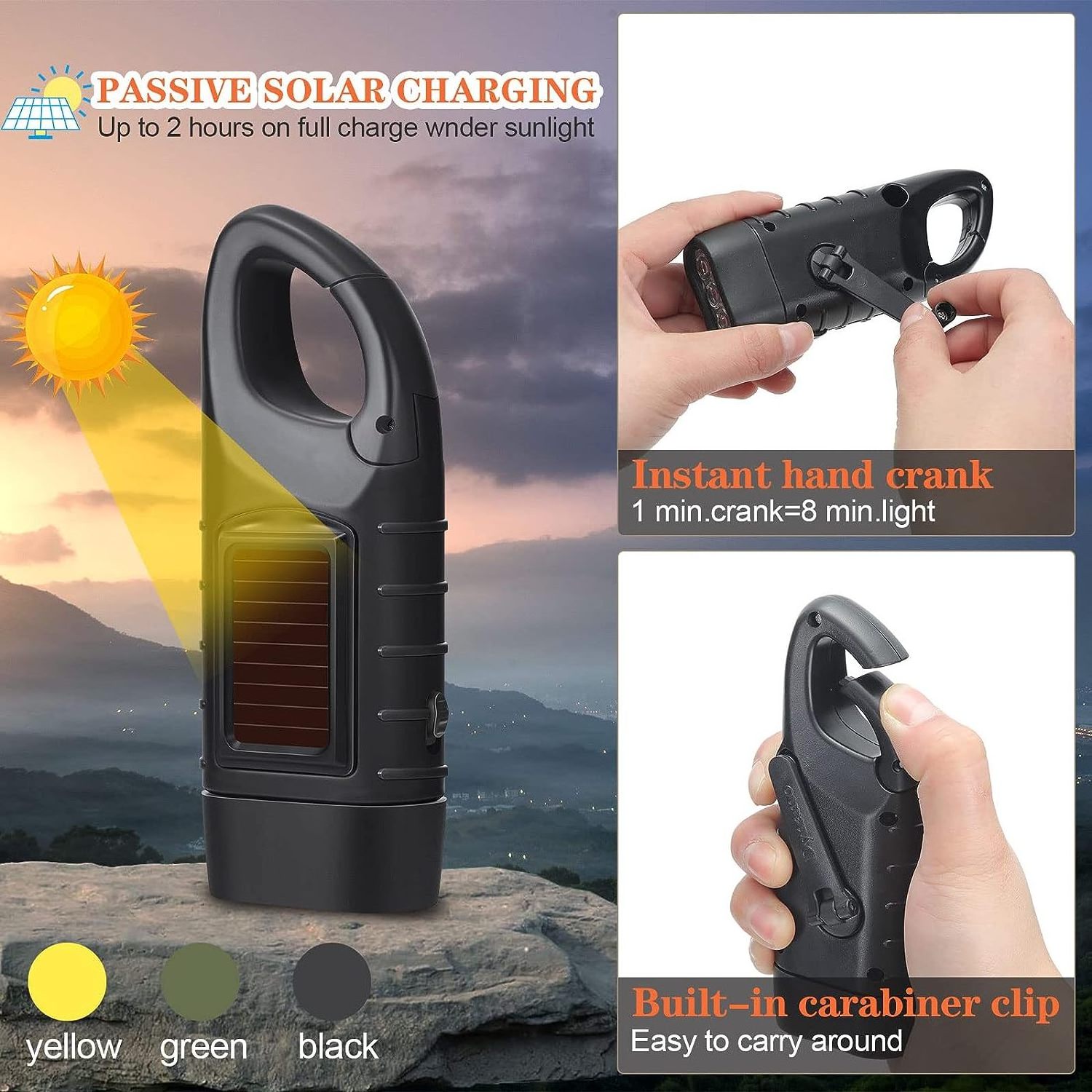 Hand solar flashlight Emergency charging Handheld Flashlight suitable for emergency survival equipment