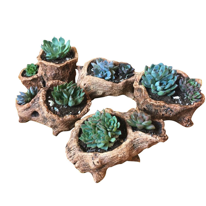 Custom Artificial Stump Succulent Flower Pot Multilayer Driftwood Resin Flower Pots Planters for Indoor Pastoral Flowerpot