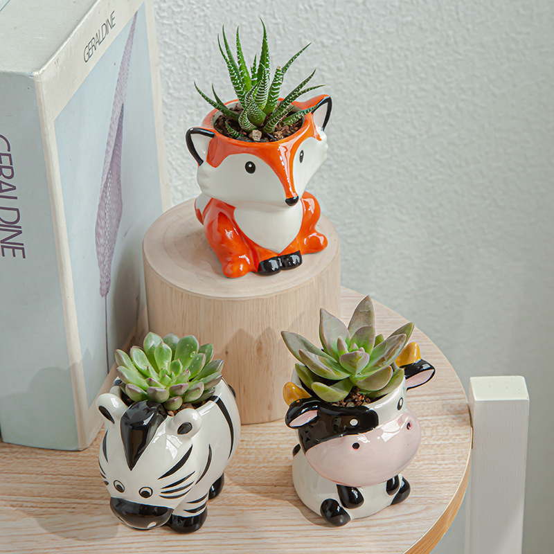 Cute Mini Cartoon Small Ceramic Bonsai Pot Cow Fox Animal Shape Succulent Plant Flower Pots