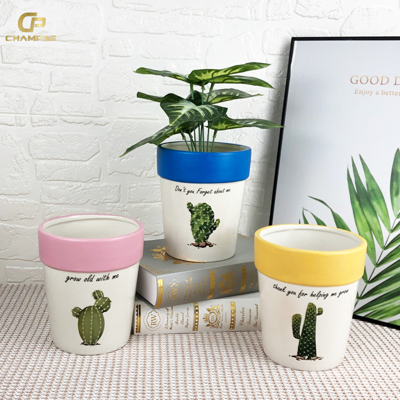 New Arrivals Artificial Succulent Pots Cactus Decal Pattern Ceramic Planter Creative Hand Painting Flower Pots Planters Outdoor