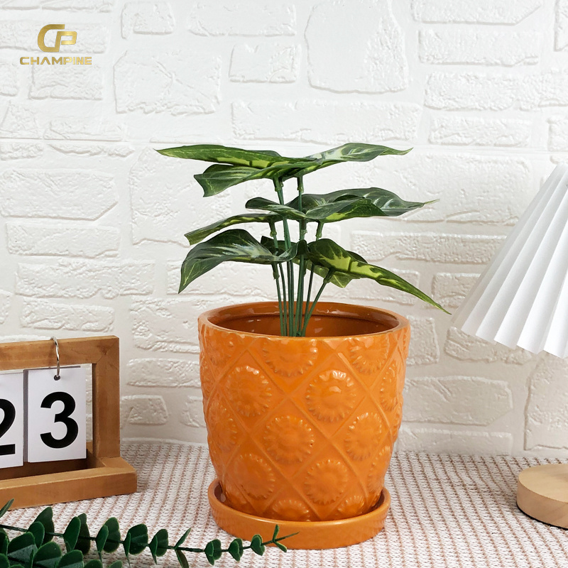 Factory direct Large Glazed Ceramic Garden Pots Orange Outdoor Planter with dish Indoor Flower Pots And Planters