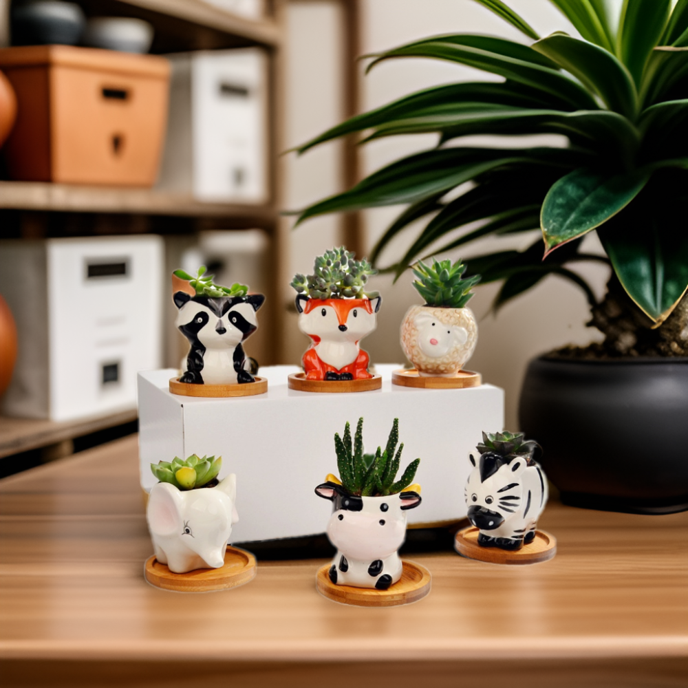 Cute Mini Cartoon Small Ceramic Bonsai Pot Cow Fox Animal Shape Succulent Plant Flower Pots