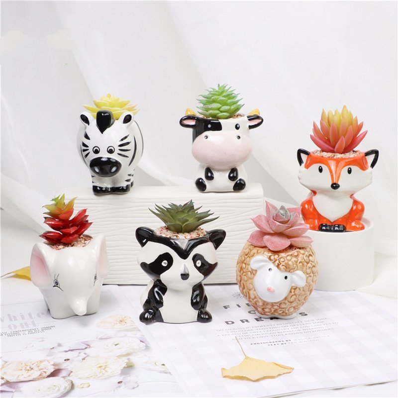 Cute Mini Cartoon Small Ceramic Bonsai Pot Cow Fox Animal Shape Succulent Plant Flower Pots