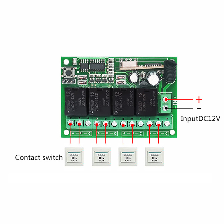 DC 12V 4 Channel Wireless Control Relay Switch 433MHz Remote Transmitter Universal for Garage Doors