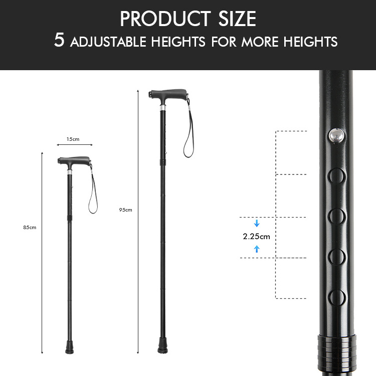 Kinggear New Arrive Custom Fashion Adjustable 5-Section Walking Canes LED Light Aluminum Alloy Shaft Cane Walking Stick for Old