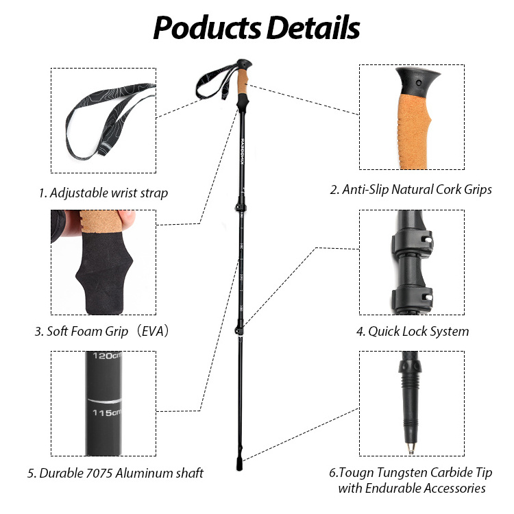 KingGear New Design 3 Section Telescope Aluminum 7075 with Carbon Texture Surface Trekking Stick Walking Poles