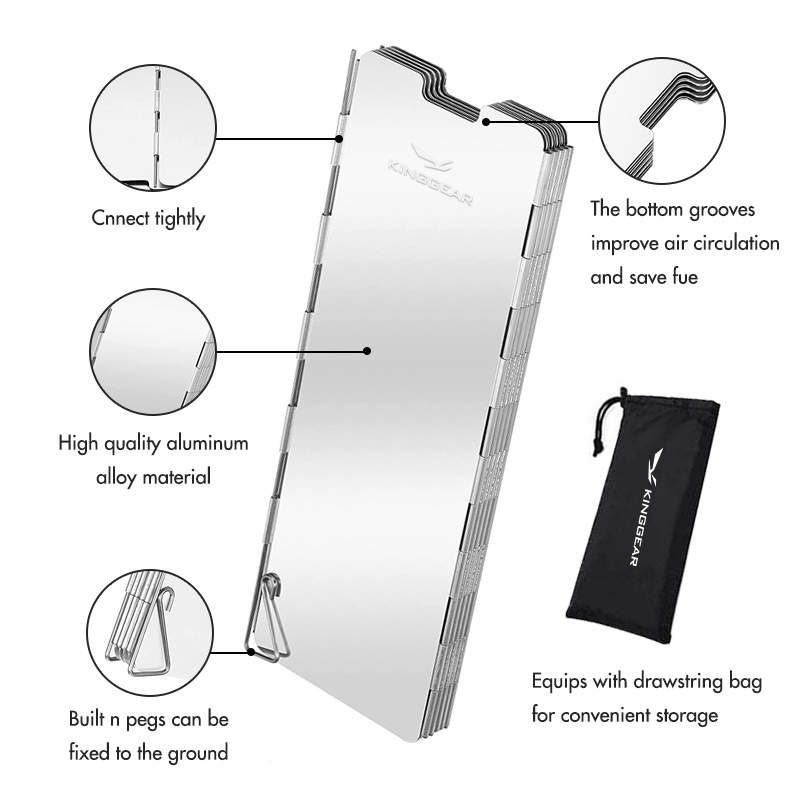 KingGear Outdoor Camping Foldable Wind Shield Screen 10 Plates Collapsible Camping Woodburning Stove Windshield