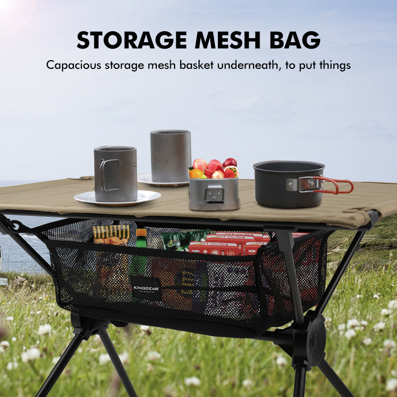 KingGear Custom Logo Outdoor Compact Aluminum Folding Table Oxford Top Portable 600d Camp Table with Storage Net Bag