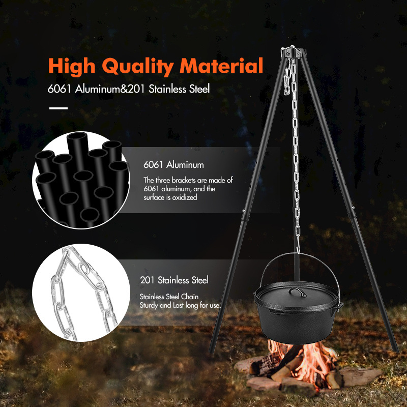 KingGear Outdoor Aluminum Camping Tripod Bonfire Stand Portable Grill Hanging Pot Rack Camping Fire Tripod for Camping