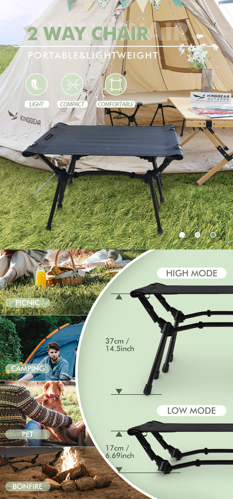 KingGear Outdoor Camping Two way Cot Shaped Chair Lightweight Dog Cot Adjustable Height Bonfire Camping Chairs