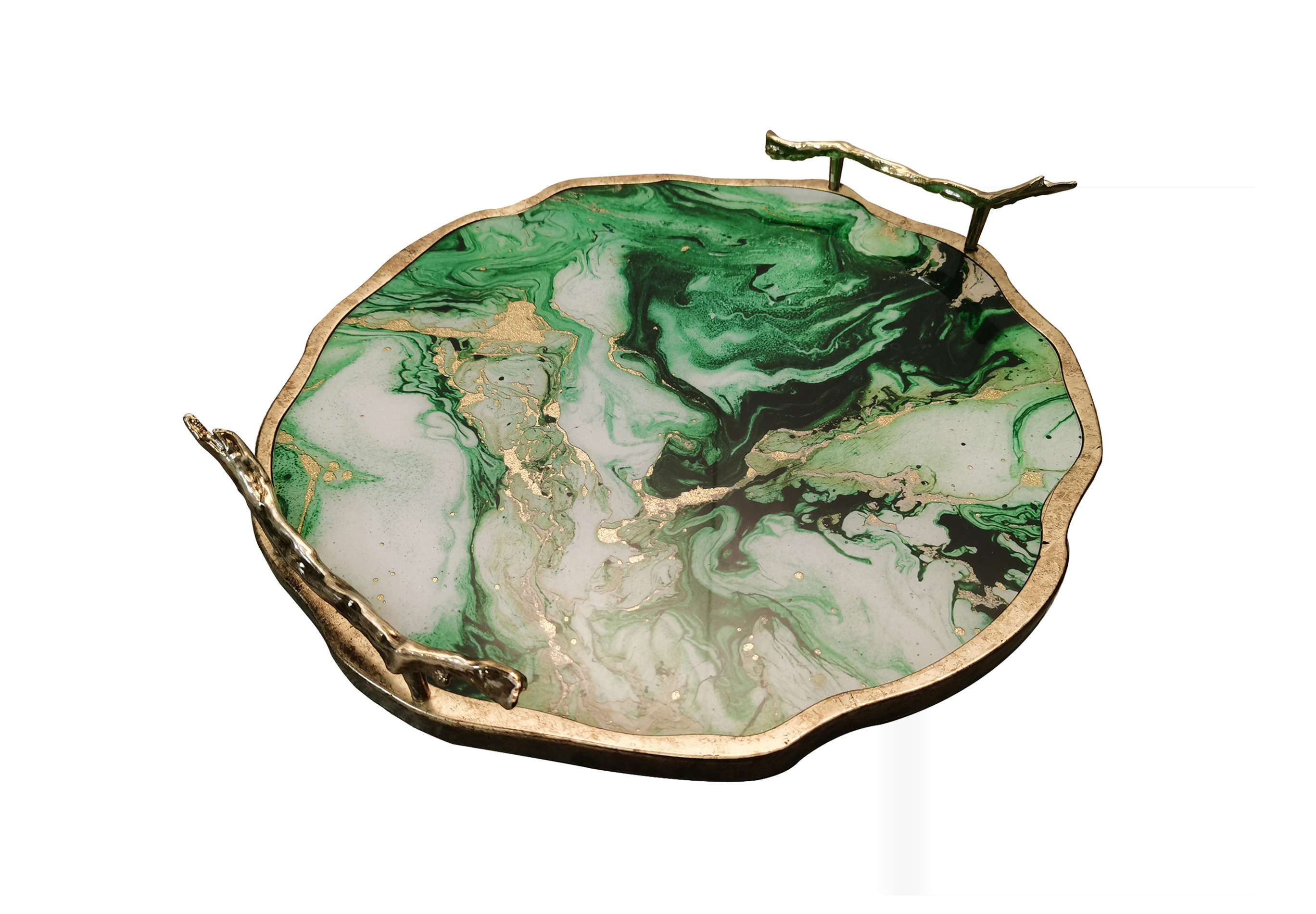 Source factory custom modern table decoration tray handle gold agate glass pattern serving tray