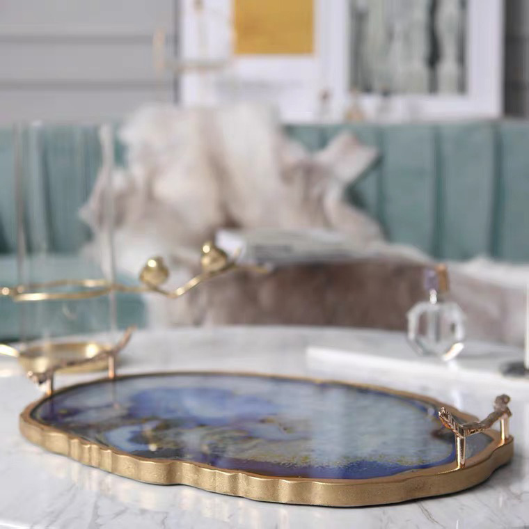 TOP1 Amazing and Luxury Gold Luxury Trays High Quality Blue Agate Glass UV Print Decorative Serving Tray Custom