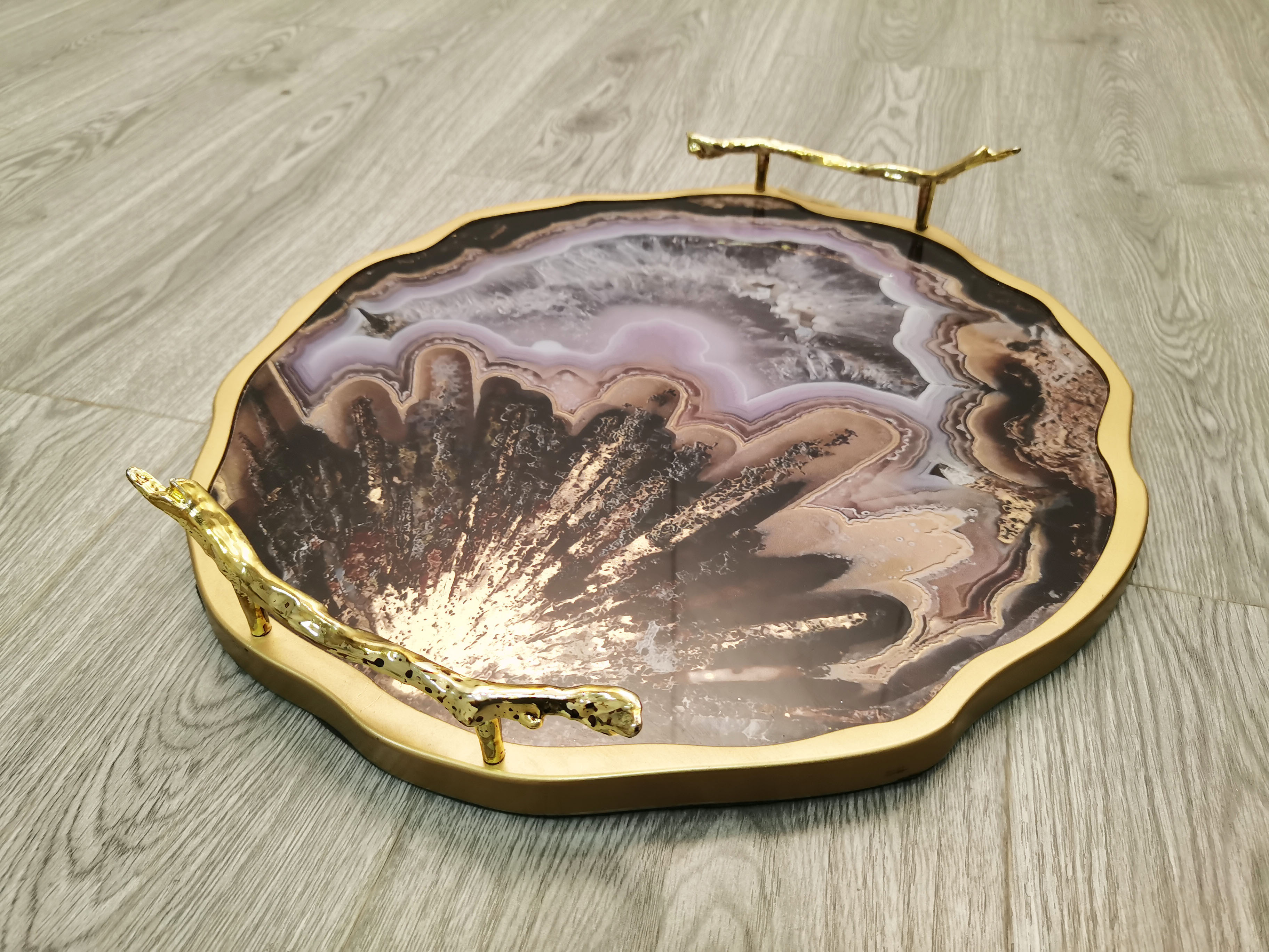 Source factory custom modern table decoration tray handle gold agate glass pattern serving tray