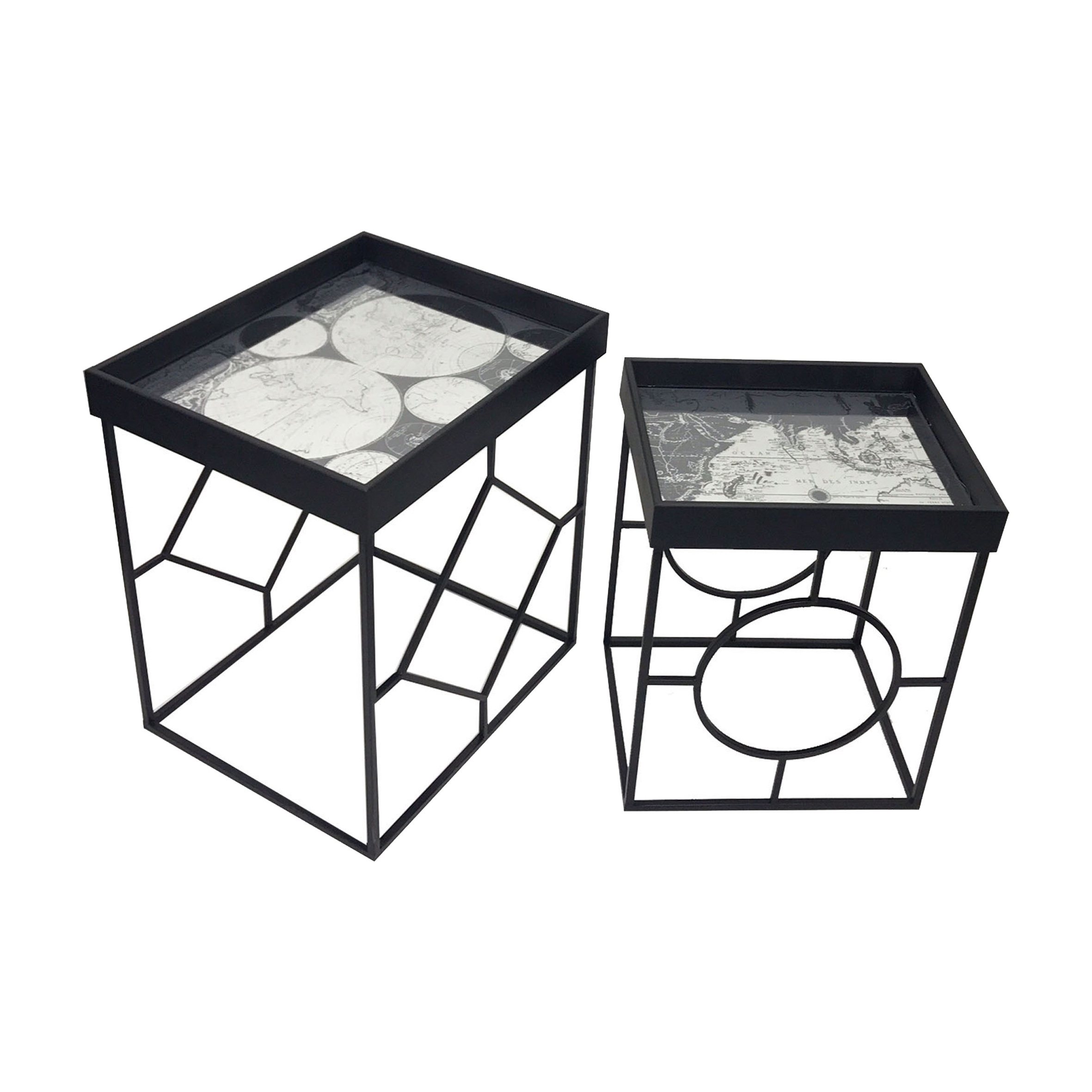 Artistic Breath Glass Print Coffee Table Black Home Living Room Furniture Metal American Iron Mirrored Sofa Tray Table