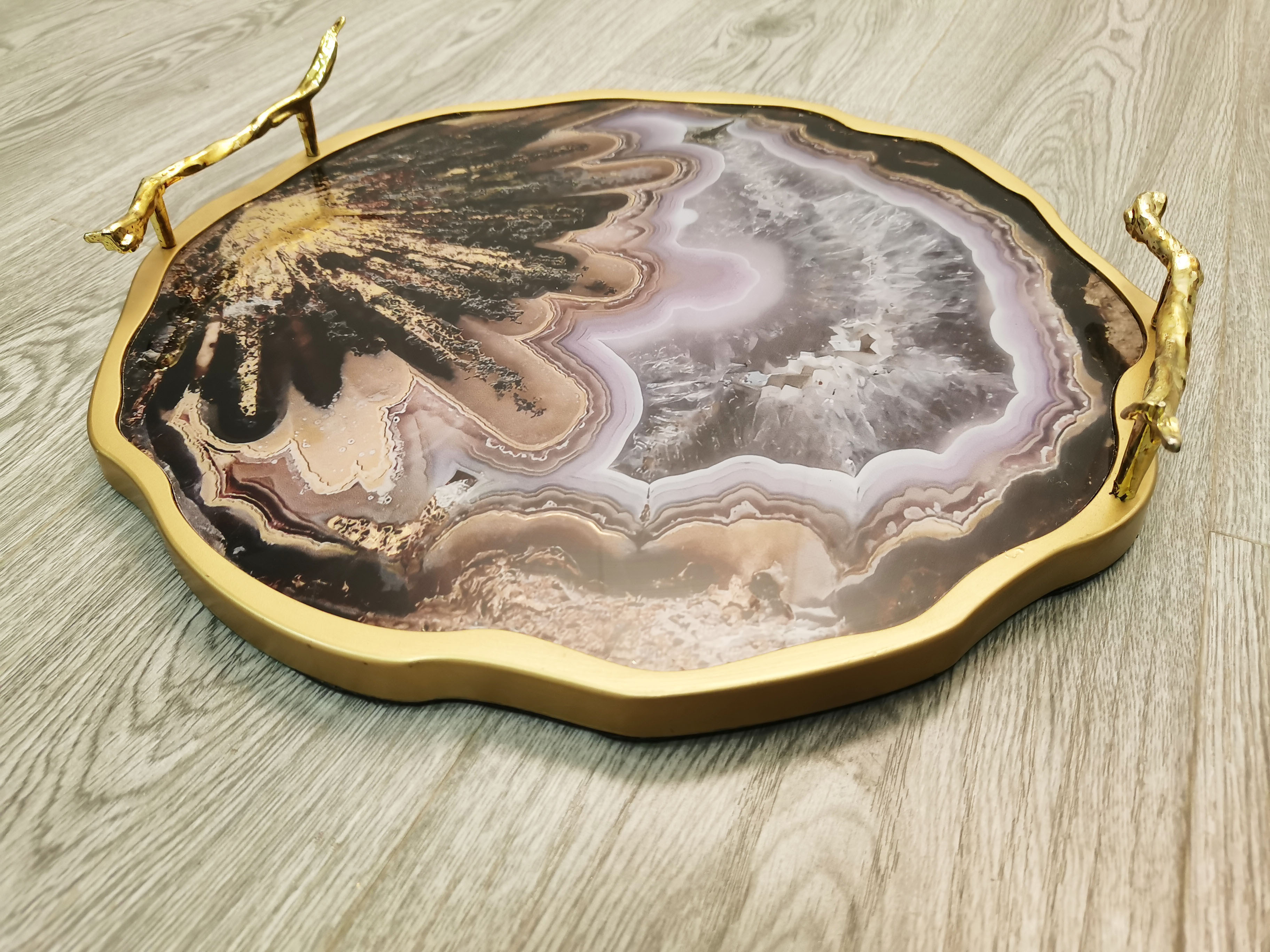 Source factory custom modern table decoration tray handle gold agate glass pattern serving tray