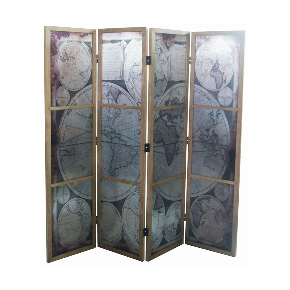 Luxury Fir Wood Frame Mirrored Glass 4 Panel Screen Movable Divider For Room Aluminium Foil World Map Room Divider